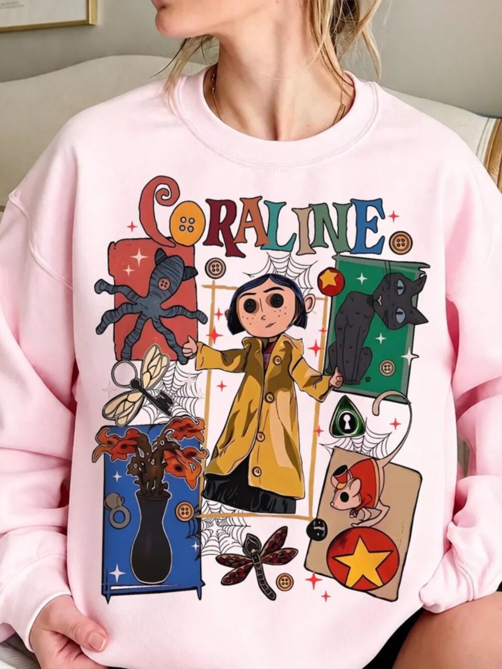 Gildan Pink Coraline Button Eyes Horror Crewneck Sweatshirt